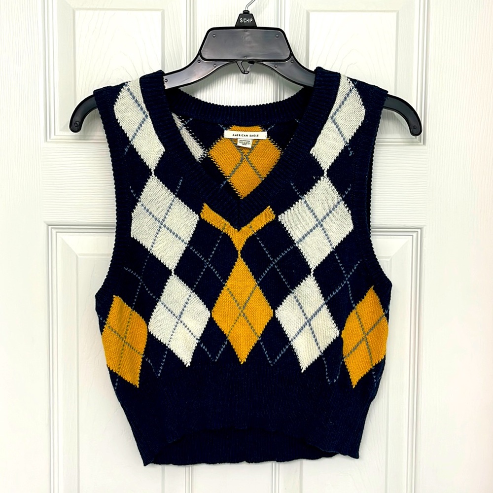 American Eagle, size XS, blue with white and yellow plaid sweater vest